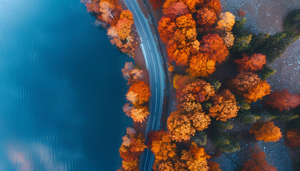 Wall Mural - Aerial view of road near blue lake, forest at sunset in autumn. Top view of beautiful road, orange trees in fall