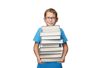 Wall Mural - Boy with many books. Education, learning concept isolated on free png background.