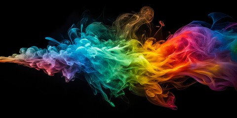 Poster - Vibrant wisps of colored smoke burst forth from a central point, swirling and dancing against a stark black background in a mesmerizing 3D illustration.