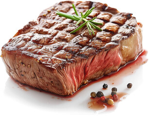 Closeup of a perfectly cooked steak with rosemary and peppercorns.