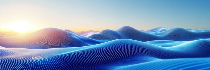 Poster - A serene abstract landscape with rolling blue hills, representing technology, data, growth, and innovation under a vibrant sunset.