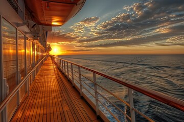Wall Mural - ship deck. cruise liner side view at sunset with railing and ocean background