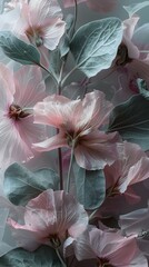 Wall Mural - Delicate Pink Flowers with Green Leaves.