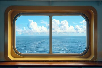 Ship Window. Cruise Ship Deck Window with Seascape Background and Nautical Sky View