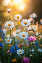 Wall Mural - Beautiful Wildflowers in Bloom at Sunset in a Tranquil Meadow with Warm Sunlight