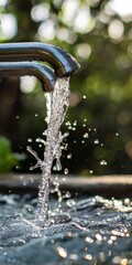 Fototapete - This image captures water flowing from a faucet, frozen in mid-air, showcasing the beauty and clarity of the water droplets in a natural outdoor setting.