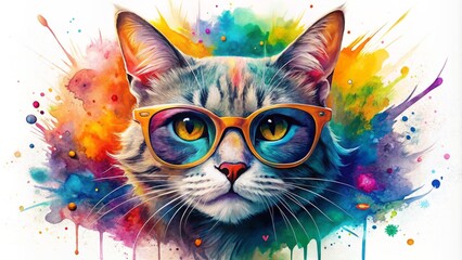  Vibrant watercolor cat face with trendy sunglasses isolated on white, surrounded by colorful paint splashes and abstract shapes, creating a fun and playful illustration.
