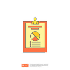 Poster - Red clipboard with yellow paper, featuring a pie chart, list, and title. Business concept, data analysis, reports, information.
