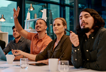 Office, business people and man with question in workshop, annual meeting and review for company updates. Boardroom, career training and hand of employee for feedback, curious and opinion with staff