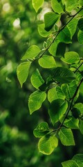 Poster - A detailed image featuring vivid green leaves on a branch, set against a naturally blurred background, emphasizing the freshness and tranquility of the natural environment.