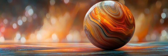 Poster - A smooth, colorful marble sphere sits on a warm, textured surface with blurred orange and yellow bokeh lights in the background, symbolizing  creativity, abstract art, nature, beauty, and light.