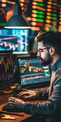 Poster - An individual intensely analyzing multiple stock charts and data on monitors in a dimly lit room, reflecting the complexities and intensity of stock trading and finance.