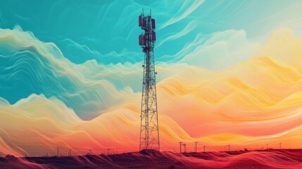 Poster - A solitary telecommunication tower stands tall against a vibrant, abstract landscape. The sky blends from blue to orange, evoking a sense of connection and transmission.