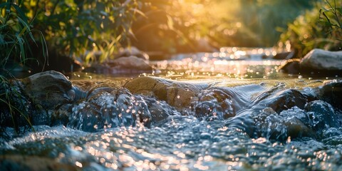 Poster - A sparkling mountain stream flows over rocks, surrounded by lush green foliage and illuminated by warm sunlight, evoking freshness, life, and a connection to nature.