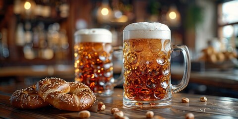 Wall Mural - Oktoberfest beer steins and pretzels, September 16th