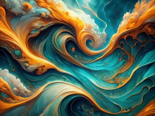 Poster - Vibrant teal and orange hues swirl in mesmerizing waves on a minimalist background, creating a luxurious abstract marble effect with geometric patterns in high definition.