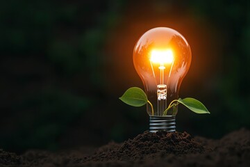 A glowing light bulb with green leaves sprouting from soil, symbolizing innovation and sustainability in a natural environment.