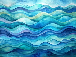 Poster - Vibrant abstract art background featuring navy blue hues, turquoise watercolor sea waves, and wavy gradient patterns on canvas and paper, evoking soothing oceanic feelings.