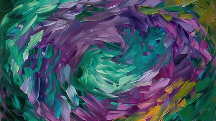 Wall Mural - an abstract oil painting with a striking use of vibrant purples and greens, arranged in a dynamic, s
