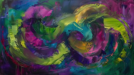 Wall Mural - an abstract oil painting with a striking use of vibrant purples and greens, arranged in a dynamic, s