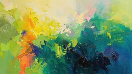 Wall Mural - an abstract oil painting with vibrant, swirling colors--bright greens, yellows, and blues--intersper