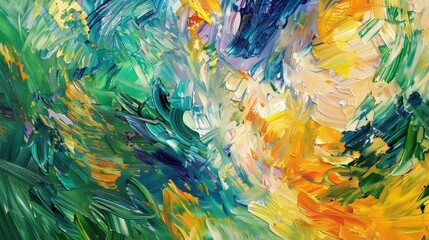 Wall Mural - an abstract oil painting with vibrant, swirling colors--bright greens, yellows, and blues--intersper