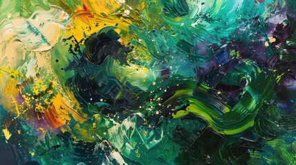 Wall Mural - an abstract oil painting with vibrant, swirling colors--bright greens, yellows, and blues--intersper