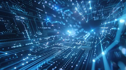 Poster - An abstract technology background with a futuristic theme, featuring a mesh of glowing blue and silver lines intersecting in complex patterns