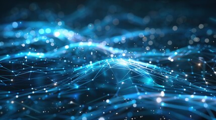 Poster - An abstract technology background with a futuristic theme, featuring a mesh of glowing blue and silver lines intersecting in complex patterns