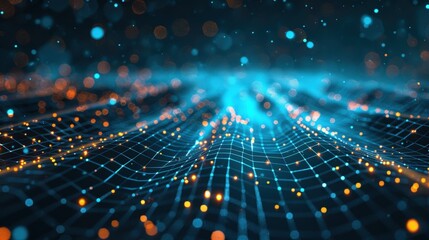 Poster - an abstract technology background with a grid of luminous lines and data points.