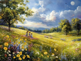 Wall Mural - A painting of a field with three people sitting on a blanket. The sky is cloudy and the sun is shining through the clouds. The mood of the painting is peaceful and serene