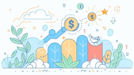 Poster - An illustration depicting business growth and financial success, symbolized by an upward trend line, a dollar sign, a star, and a cloud.