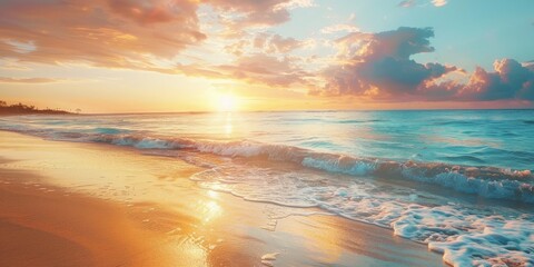 Aufkleber - A beautiful golden sunset reflects on the sandy beach as foamy waves roll in, creating a breathtaking view that captures the essence of nature's untouched beauty.
