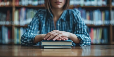 Poster - A woman sits in a library with her hands resting on a stack of books, embodying the pursuit of knowledge, learning, and a passion for literature in a tranquil setting.