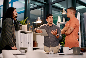 Poster - Tablet, meeting and business men in office in discussion for planning, project and brainstorming. Creative company, teamwork and people on digital tech for collaboration, conversation and cooperation