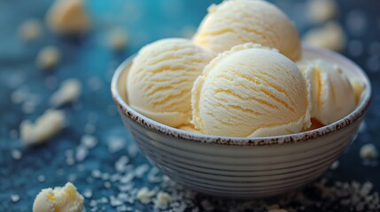 Wall Mural - Vanilla ice cream scoops in bowl with blurred background. Summer dessert concept. Image for menu, packaging, and advertising. Close up view with copy space.