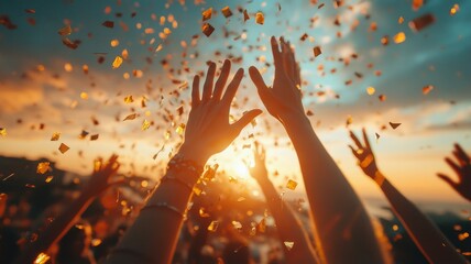 Joyful Celebration with Hands Raised and Confetti in the Air at Sunset