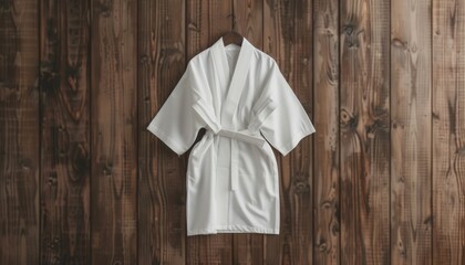 White bathrobe hanging on a wooden wall in a spa setting