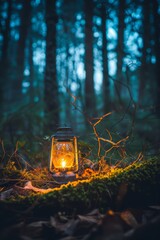 Aufkleber - A glowing lantern placed on a mossy forest floor creates a magical ambiance during dusk, with the blue-tinted surroundings adding to the mystical atmosphere.