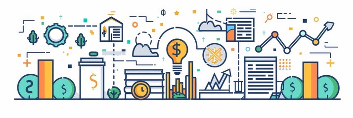 Poster - This illustration depicts a concept of business growth, driven by innovation, financial investment, and strategic planning.