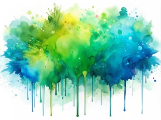 Poster - Vibrant abstract watercolor background featuring soft blue and green paint splashes with fringe bleed wash, ideal for adding a creative touch to designs.
