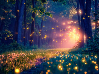 Wall Mural - A forest at night with fireflies flying around. The fireflies are glowing in the dark, creating a magical and serene atmosphere