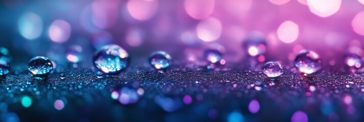 Poster - Water drops glistening on a surface with a vibrant purple and blue background, symbolizing purity, beauty, nature, reflection, and serenity.