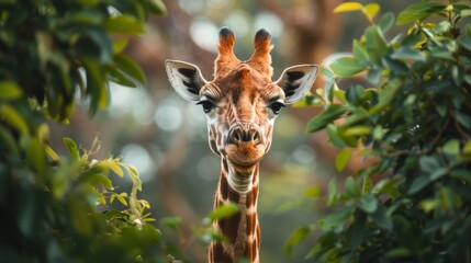 Poster - A beautiful close-up of a giraffe peering curiously through green foliage in its natural habitat, highlighting the unique patterns and gentle nature of this magnificent animal.