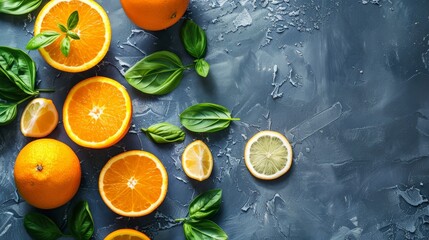 Fototapete - A vibrant arrangement of fresh sliced oranges and basil leaves on a textured blue surface, creating a blend of colors and textures that highlight natural freshness and culinary delight.
