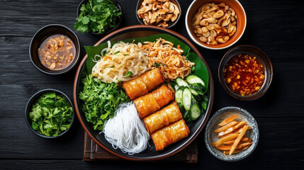 Poster - Top view of a Vietnamese meal featuring spring rolls, rice noodles, fresh herbs, pickled vegetables, cucumbers, and various dipping sauces on a dark wooden table.