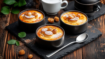 Wall Mural - Three bowls of freshly made creme brulee, garnished with powdered sugar and small pastries, placed on a rustic wooden table with green leaves and a spoon.