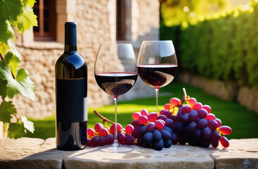 Two glasses of red wine stand on stone surface against background of facade of stone house and red grape vines on sunny day. Wine tasting and travel concept. Black label mockup