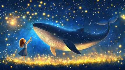 a little girl is reaching her hand to a giant whale in the starry night sky