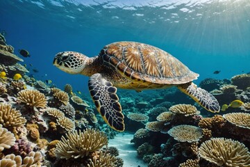 Green sea turtle swimming above a coral reef close up